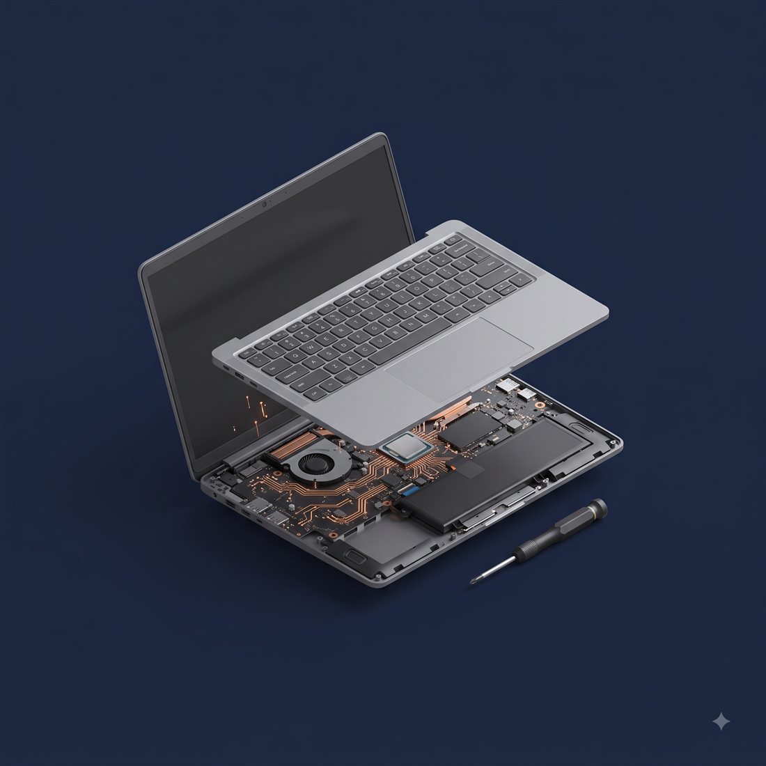Notebook em manutenção, com o teclado levantado revelando a placa-mãe