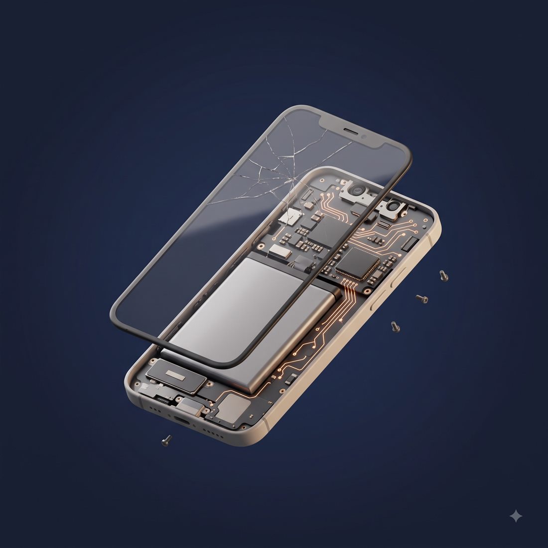 Smartphone em manutenção, com a tela e a placa expostas